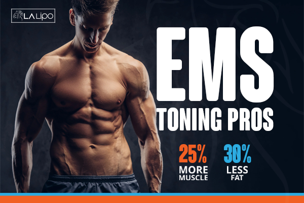 Graphic of man with toned body showing the benefits of LA-EMS Body Sculpting Fleet treatment