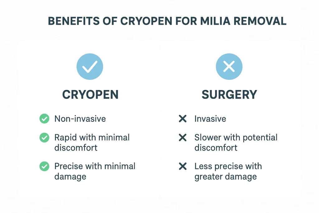 Benefits of cryopen for milia removal Fleet compared to surgical treatments.