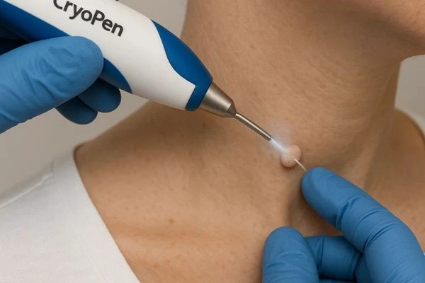 Person receiving cryotherapy Fleet for skin tag removal