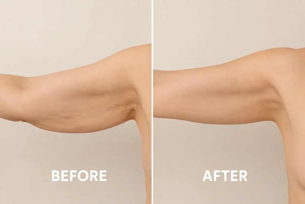 Picture of LA LIPO Fleet before and after results of skin tightening treatment on the upper arms.