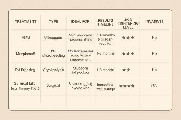 Table showing the comparisons of Skin tightening Fleet treatment options.